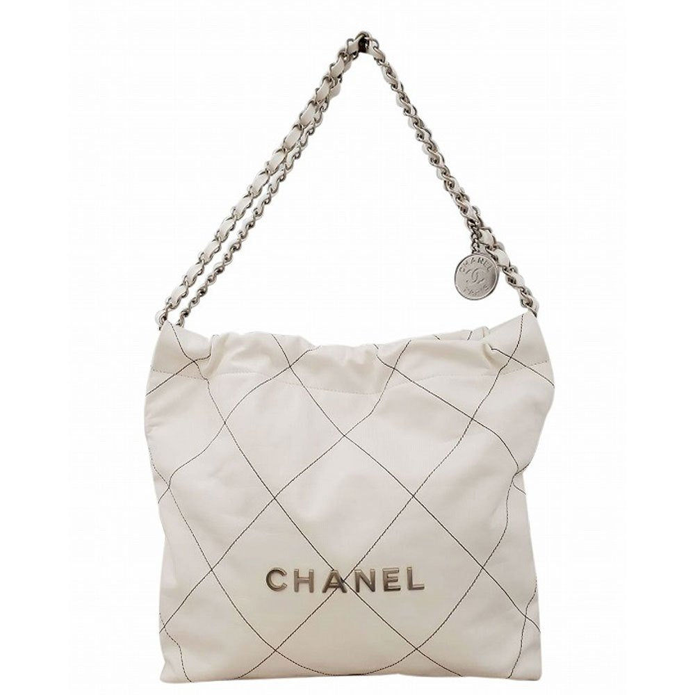 シャネル CHANEL シャイニーカーフスキン CHANEL22 ハンドバッグ ホワイト/シルバー