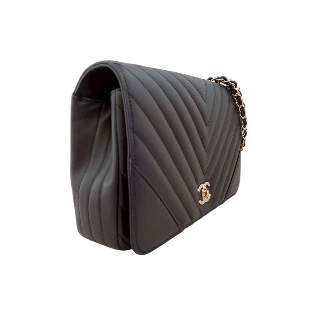 シャネル CHANEL ブラック ラムスキン VステッチWチェーン ショルダーバッグ