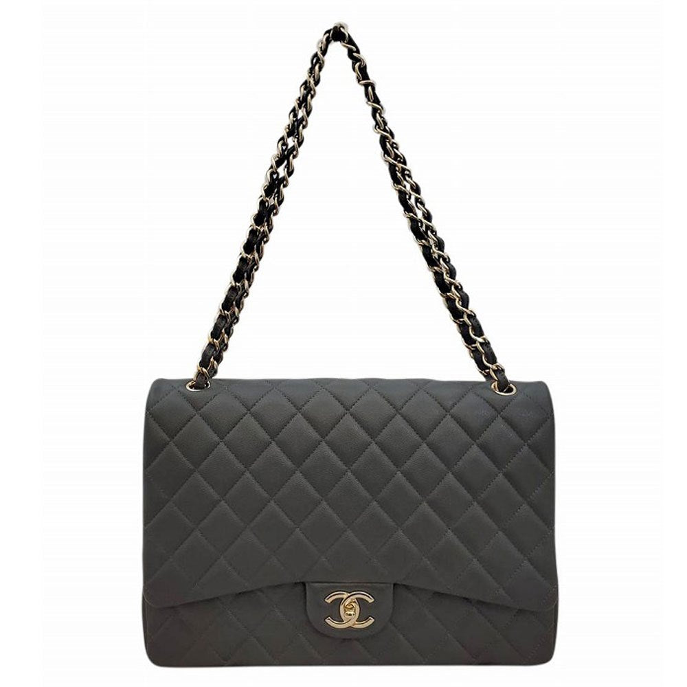 CHANEL Grained Shiny Calfskin Classic Maxi Chain Shoulder Bag Grey