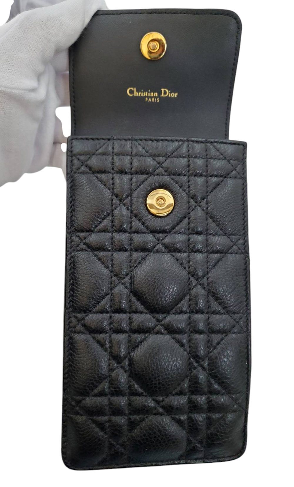 Dior Caro Phone Folder in Black Lambskin