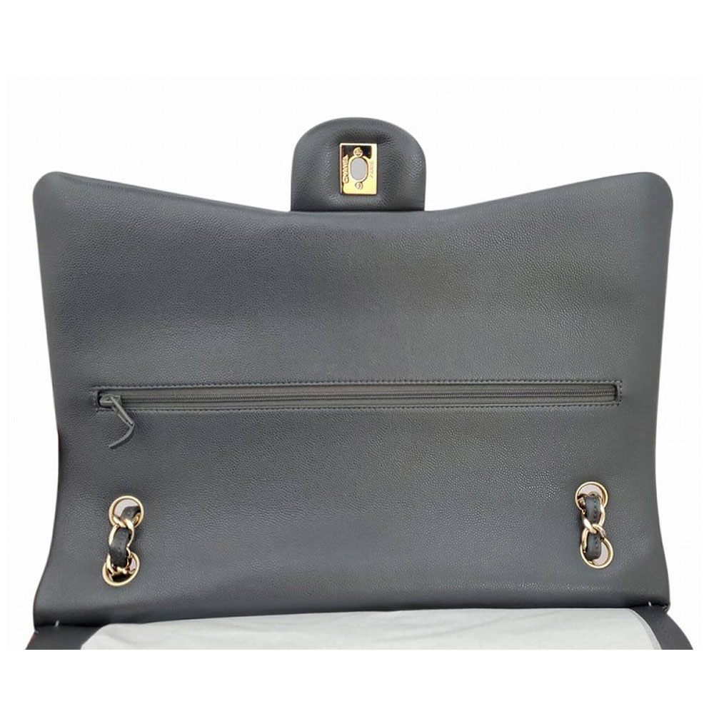 CHANEL Grained Shiny Calfskin Classic Maxi Chain Shoulder Bag Grey