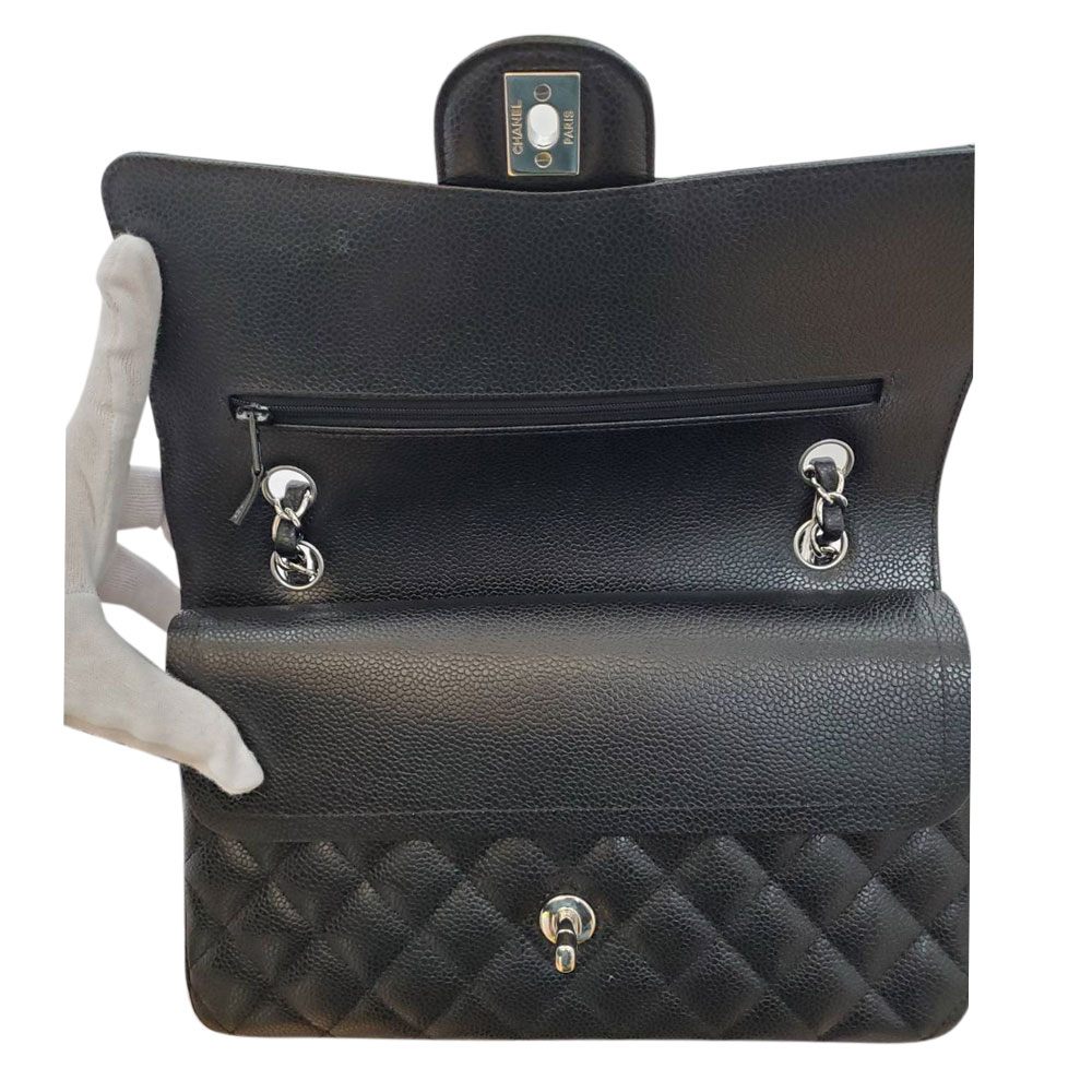 シャネル CHANEL キャビアスキン マトラッセWフラップ チェーンショルダー 25 ブラック SV金具