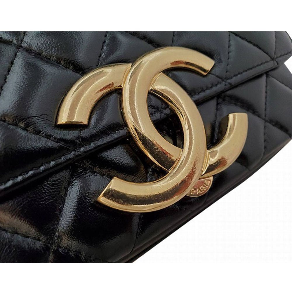 CHANEL Shiny Lambskin Matelasse Chain Shoulder Phone Case Black