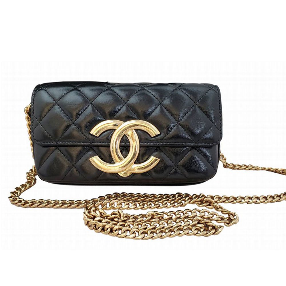 CHANEL Shiny Lambskin Matelasse Chain Shoulder Phone Case Black