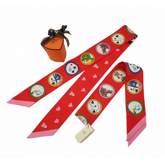 Hermes Twilly Tea Time 100% Silk Rouge vif/Vert/Multi Set of 2