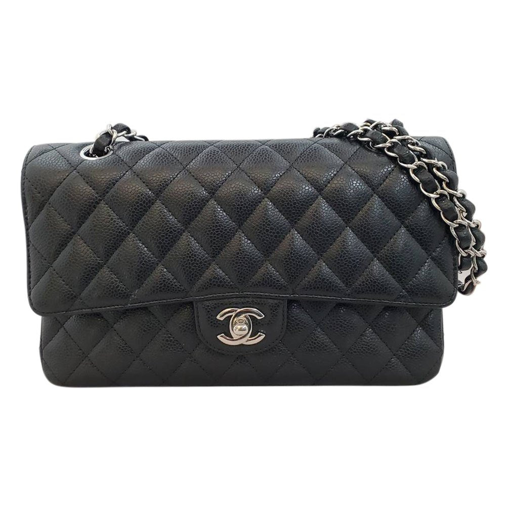 シャネル CHANEL キャビアスキン マトラッセWフラップ チェーンショルダー 25 ブラック SV金具