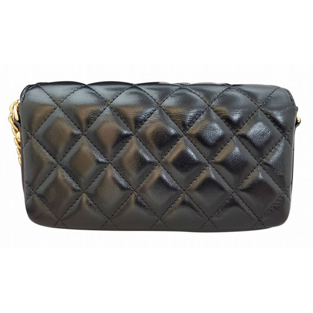 CHANEL Shiny Lambskin Matelasse Chain Shoulder Phone Case Black