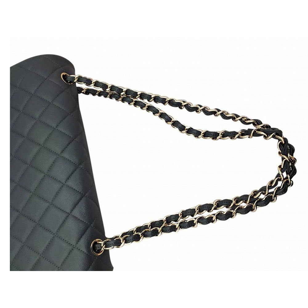 CHANEL Grained Shiny Calfskin Classic Maxi Chain Shoulder Bag Grey