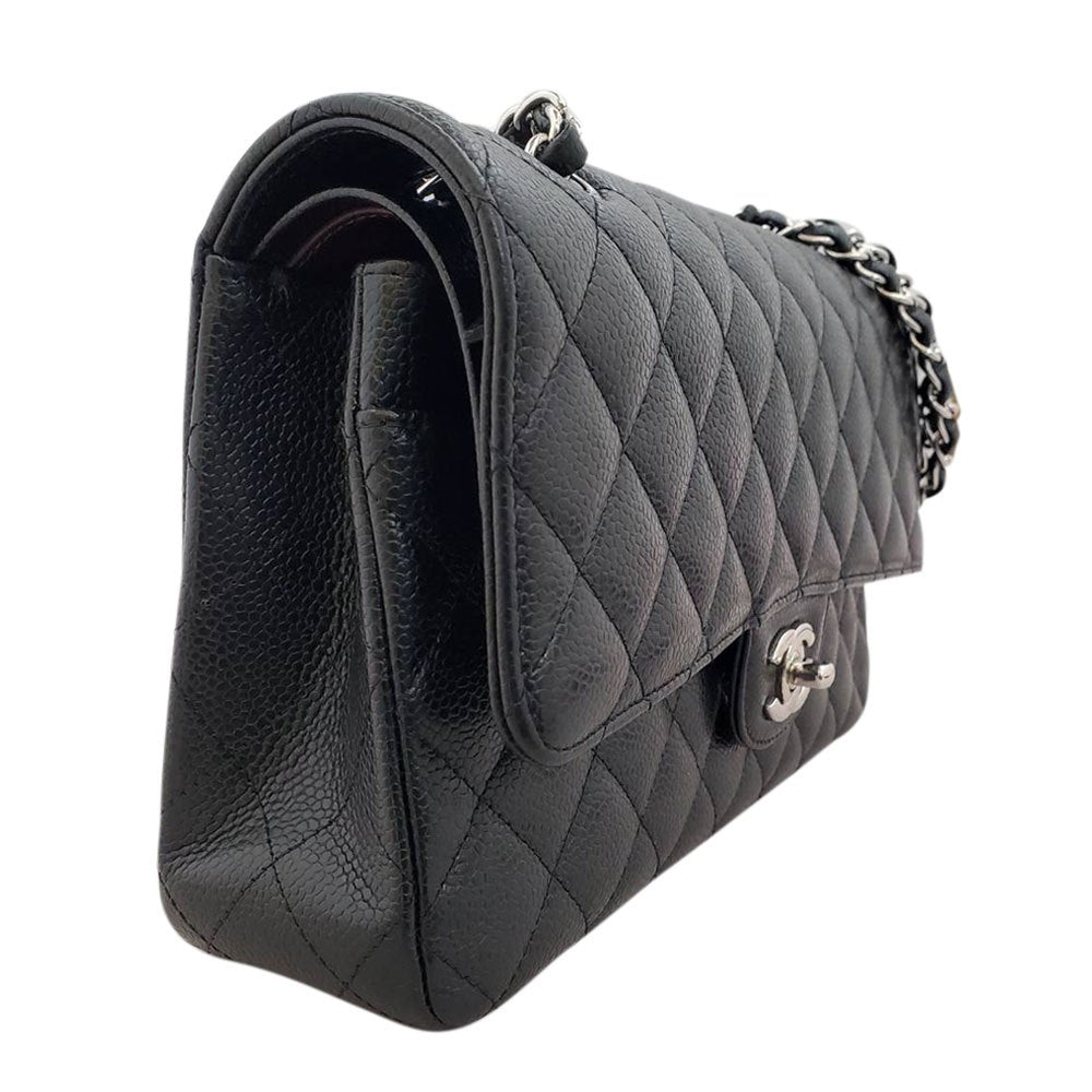 シャネル CHANEL キャビアスキン マトラッセWフラップ チェーンショルダー 25 ブラック SV金具