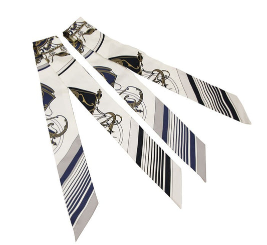 Hermes Twilly EX-LIBRIS 100% Silk Blanc/Marine/Gris x 2