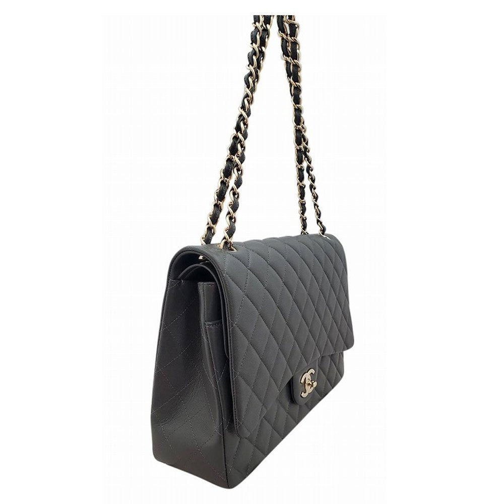 CHANEL Grained Shiny Calfskin Classic Maxi Chain Shoulder Bag Grey