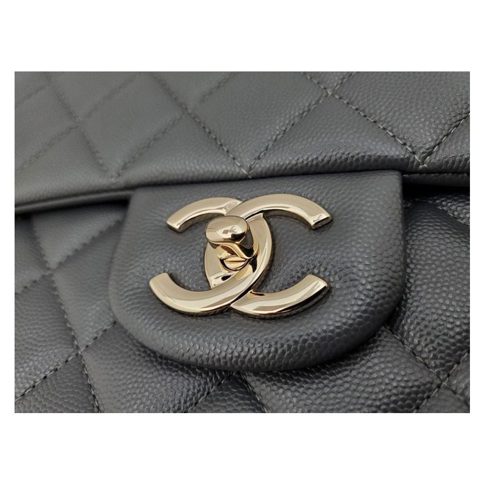 CHANEL Grained Shiny Calfskin Classic Maxi Chain Shoulder Bag Grey