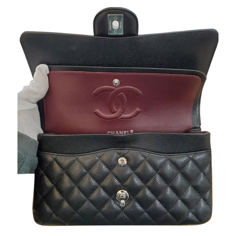 シャネル CHANEL キャビアスキン マトラッセWフラップ チェーンショルダー 25 ブラック SV金具