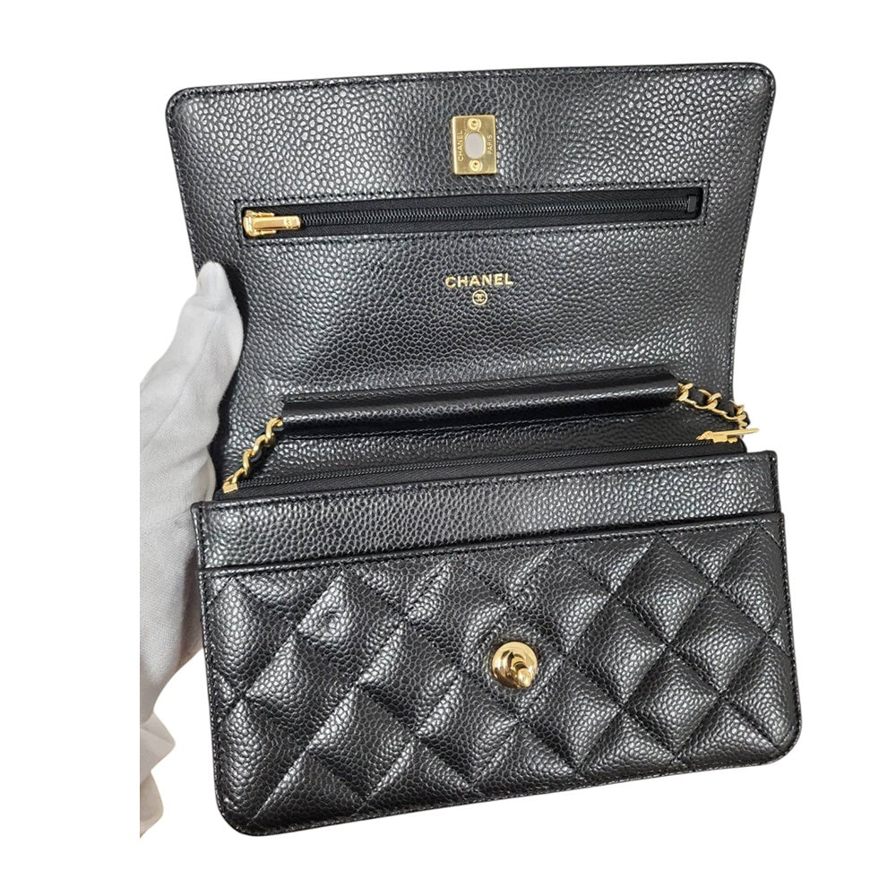 シャネル  CHANEL AP0250 ブラック キャビアスキン  マトラッセ ココマーク クラシック チェーンウォレット/AT251242