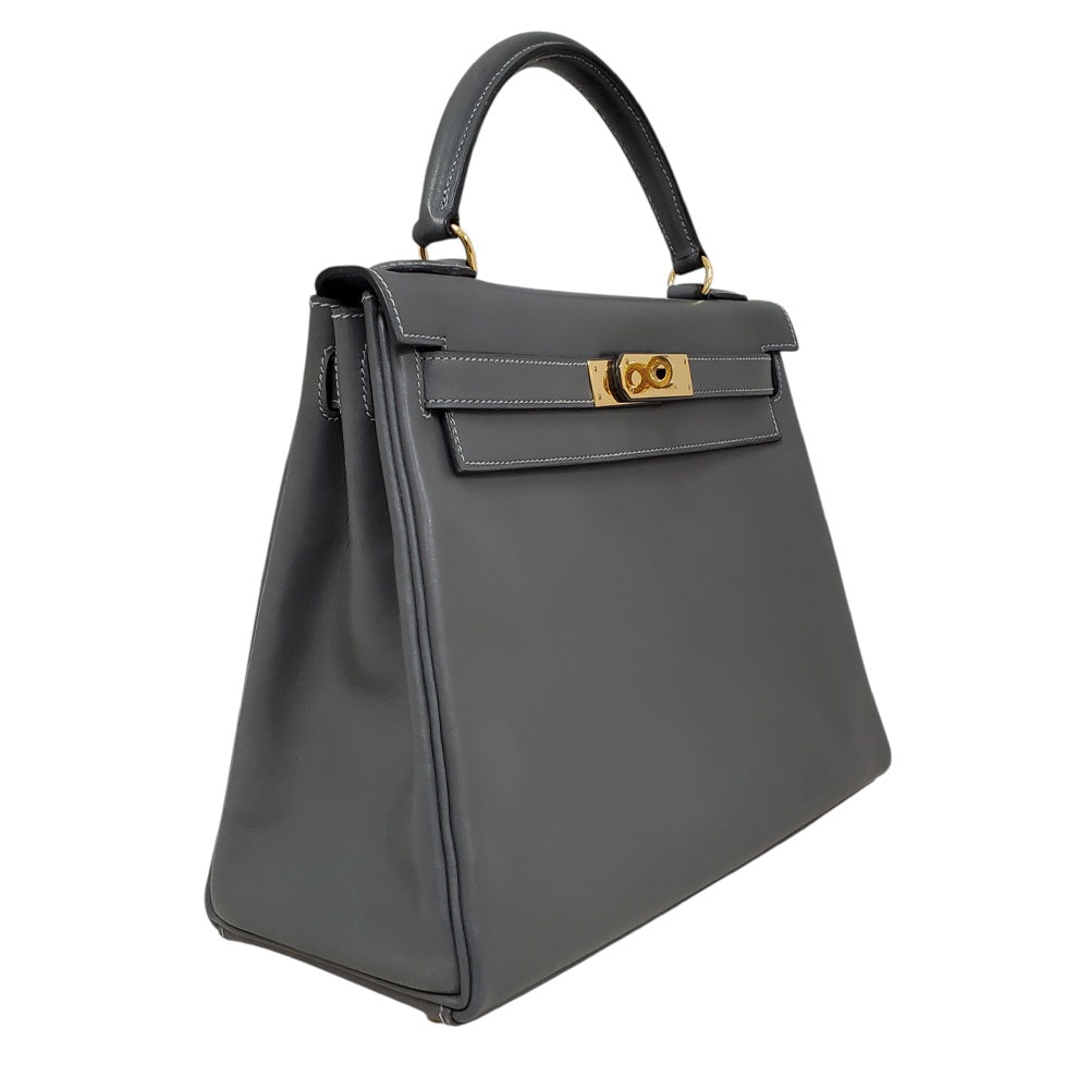 エルメス  HERMES  ケリー28  ボックスカーフ  グレー  G金具/PW25007