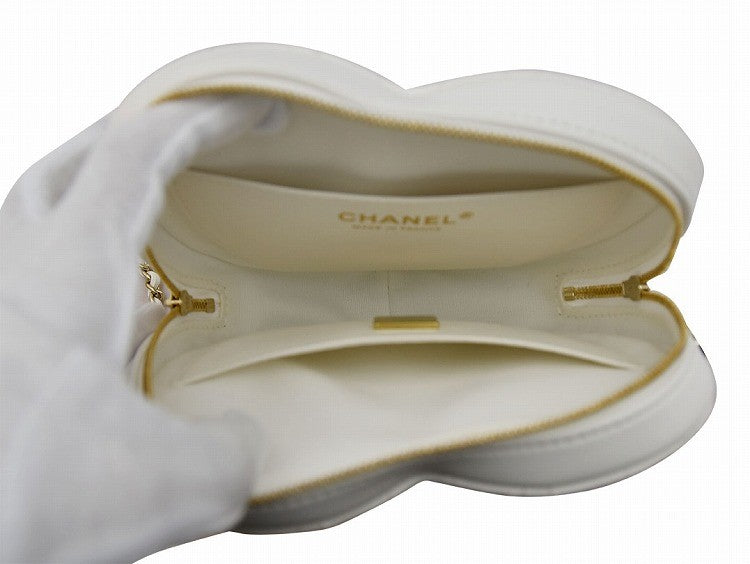CHANEL Lambskin Heart Shape Chain Shoulder Bag White