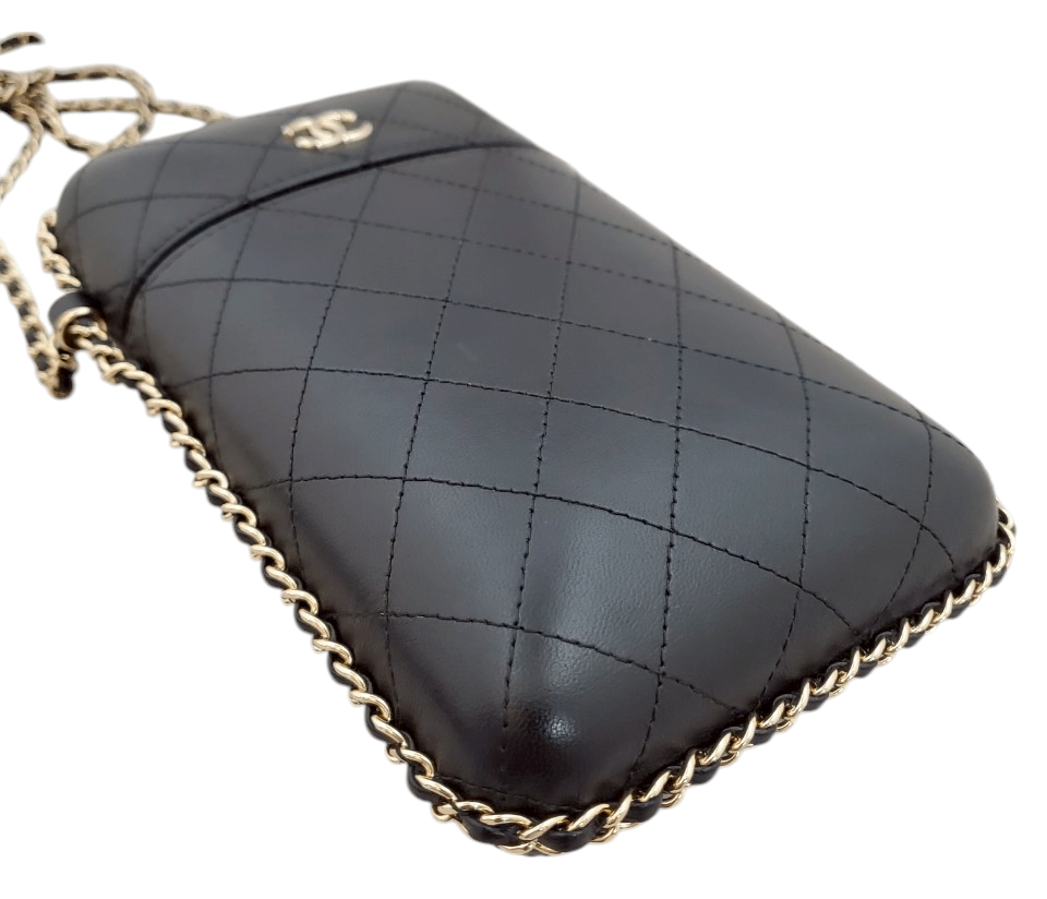 CHANEL Lambskin Phone Case Chain Shoulder Bag Black