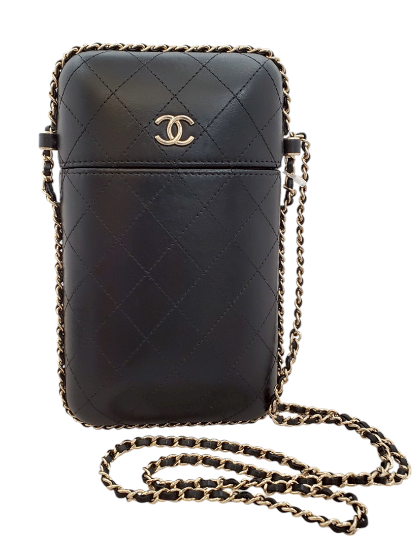 CHANEL Lambskin Phone Case Chain Shoulder Bag Black
