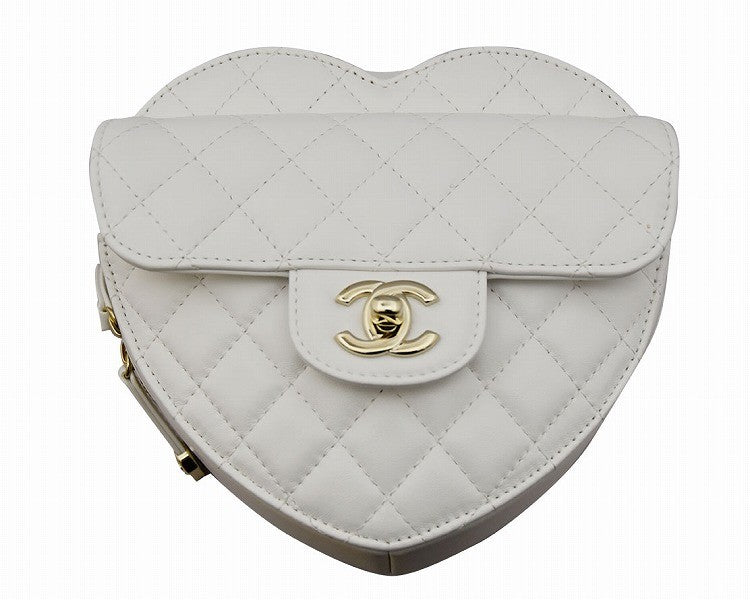 CHANEL Lambskin Heart Shape Chain Shoulder Bag White