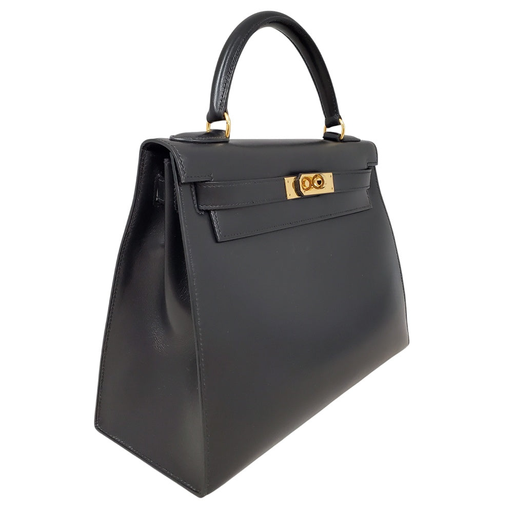 エルメス HERMES ケリー28 ボックスカーフ ノワール 外縫い G金具 〇W