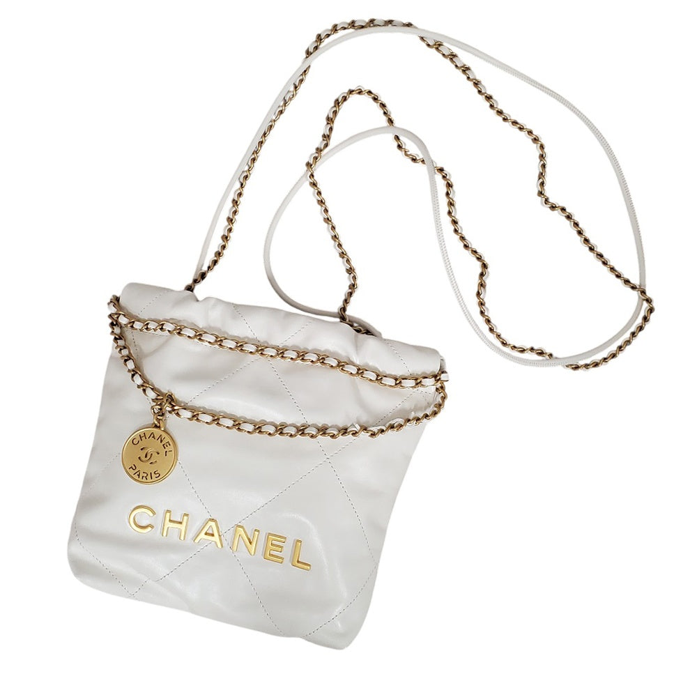 シャネル  CHANEL  シャイニーカーフスキン  CHANEL22  ミニ  チェーンショルダー  ホワイト/シルバー  AS3980/AT230822