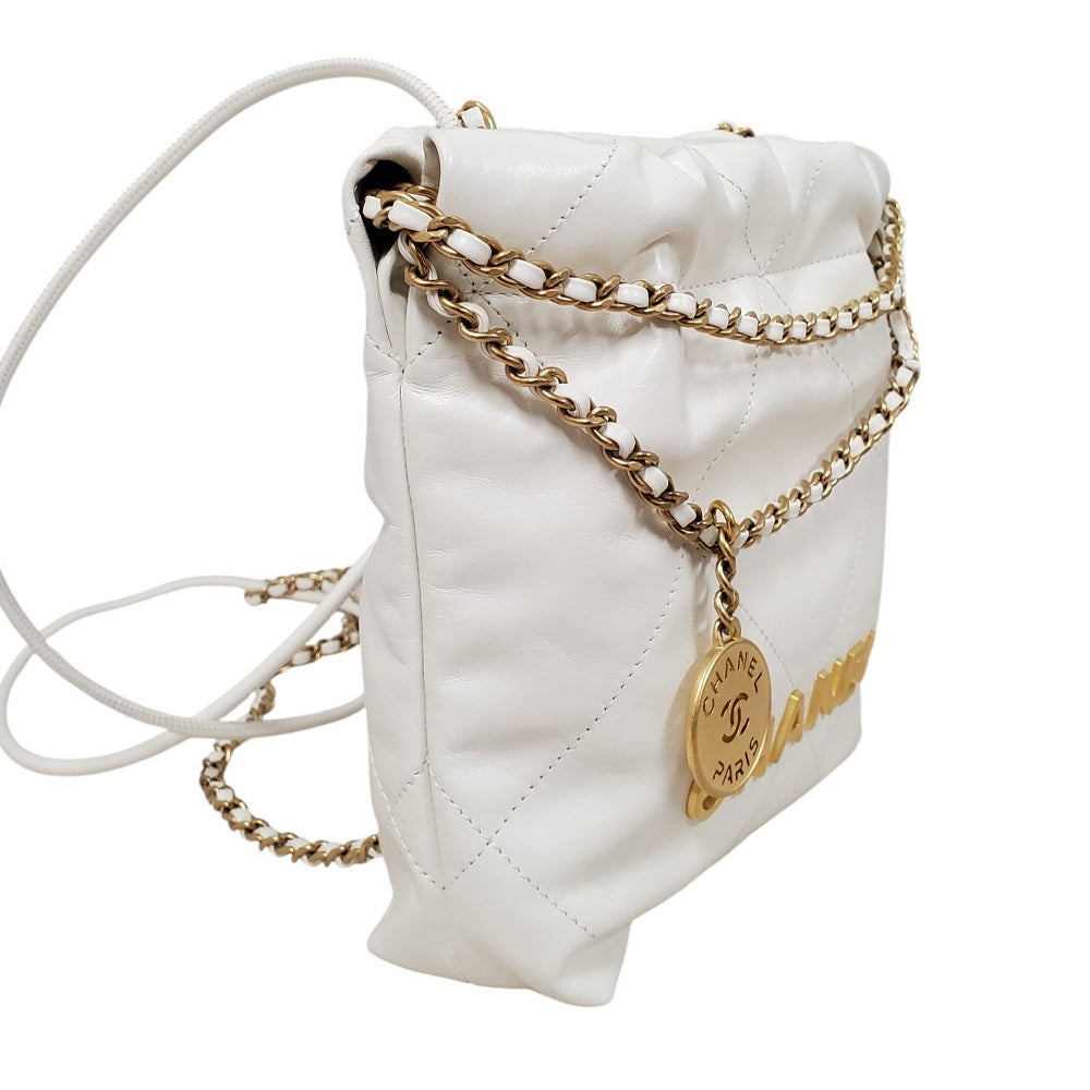 シャネル  CHANEL  シャイニーカーフスキン  CHANEL22  ミニ  チェーンショルダー  ホワイト/シルバー  AS3980/AT230822