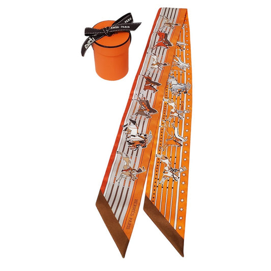エルメス  HERMES ツイリー  Pani  La  Shar  Pawnee  パウニー族の首長  オレンジ/マスチック/ブラウン シルク100％/AT221227