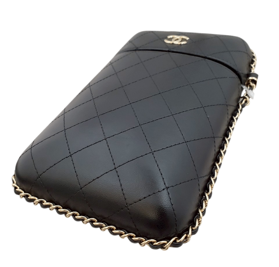 CHANEL Lambskin Phone Case Chain Shoulder Bag Black