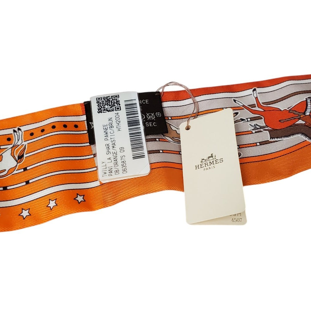 エルメス  HERMES ツイリー  Pani  La  Shar  Pawnee  パウニー族の首長  オレンジ/マスチック/ブラウン シルク100％/AT221227