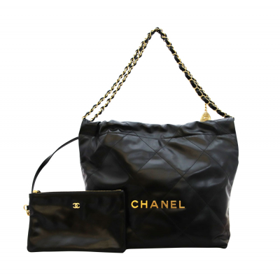 【希少カラー】2022AWコレクション　シャネル　CHANEL 22　スモールハンドバッグ　ポシェット シャイニーカーフスキン ブラック　ゴールドーカラー金具