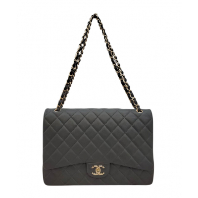 シャネル　CHANEL　グレインドシャイニーカーフスキン  クラシック　マキシ　チェーンショルダー　グレー